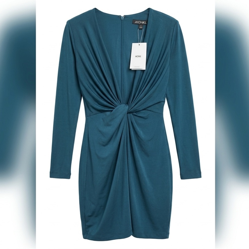 Nookie Lust Plunge V-Neck Long Sleeve Bodycon Mini Dress Teal Blue